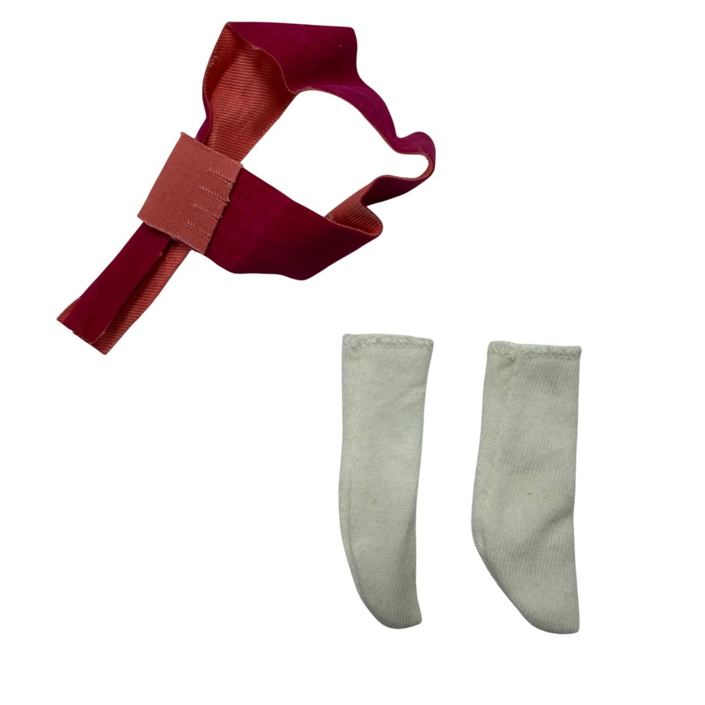 Vintage Doll Accessories White Knit Socks and Pink Two-Tone Sash Set